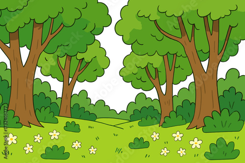 Cartoon forest background with deciduous trees and bushes. Nature landscape with a green grass meadow and flowers. Summer or spring wood scenery. Flat hand drawn vector illustration.