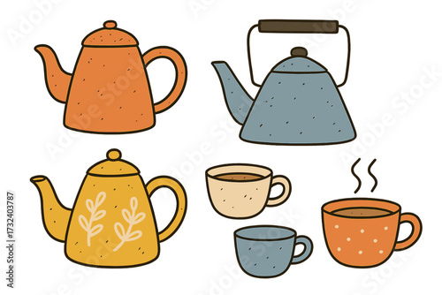 Hand drawn teapot and tea cups collection. Doodle style vector set of cozy hygge kitchenware. Scandinavian simple linear illustration of pot, kettle, mug for coffee or tea.