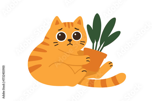 Guilty tabby cat holding a houseplant pot. Funny vector illustration of a naughty pet. Cute sad ginger kitten character with big eyes. Bad kitty behavior meme concept isolated.
