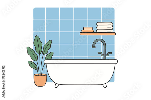 Modern clean bathroom interior. Bathtub, houseplant, towels on shelf. Hand drawn flat vector illustration. Home washroom with blue tile wall. Hygiene, spa, relaxation concept.