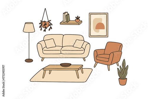 Minimalist interior banner with living room furniture set. Hand drawn vector illustration for home moving or sale. Cozy isolated home decor elements like sofa, chair, and lamp.