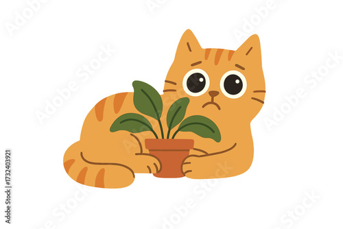 Guilty ginger cat with big sad eyes holding a house plant pot. Funny lettering quote 'I need some space'. Cute naughty pet character concept. Flat vector hand drawn illustration.