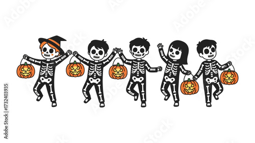 Halloween Fun: Festive youngsters dressed in skeleton costumes, their pumpkin treat buckets illuminated, sharing smiles and spooky laughter.