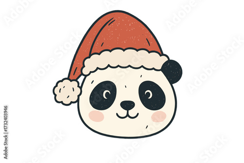 Cute panda bear face in Santa Claus hat. Funny Christmas animal character head. Hand drawn cartoon vector illustration for winter holidays. New Year graphic design for kids.