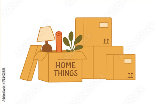 Moving concept with a stack of paper boxes. Home things in a cardboard box. Transport company banner. Relocation service for moving to a new house or apartment. Flat vector.