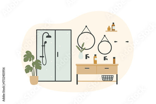 Modern bathroom interior. Flat vector illustration in scandi style. Cozy home decor with furniture, double sink vanity, shower stall, mirrors. Hygiene concept. Isolated background.