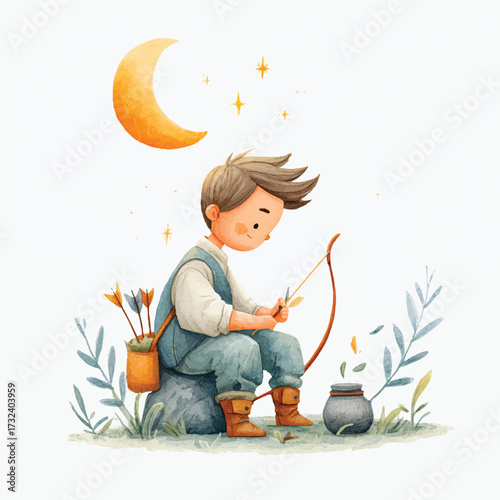 Cute cartoon boy archer preparing his bow and arrow.