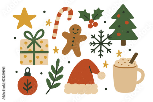 Hand drawn Christmas element set. Festive winter holiday icons. Vector flat lay illustration with tree, gift, gingerbread, Santa hat, candy cane, snowflake, star, hot cocoa.