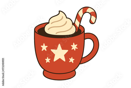 Christmas hot chocolate mug with whipped cream and candy cane. Cute festive winter holiday drink. Warm cocoa beverage flat vector illustration. Sweet festive dessert for Xmas.