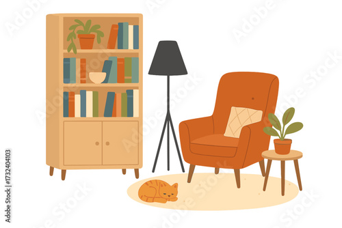 Cozy living room interior with cat. Reading nook concept. Modern scandinavian hygge style furniture: bookcase, armchair, lamp. Home decor flat vector illustration isolated.