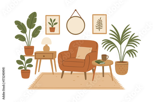Cozy living room interior in Scandinavian style. Modern furniture scene with armchair, table, and houseplants. Hygge concept apartment decor. Flat hand drawn vector illustration.