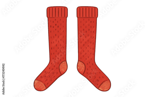 Red knitted long socks pair. Warm woolen winter knee-highs. Cozy cartoon vector flat illustration for Christmas and holiday design. Isolated clipart element. Apparel accessory.