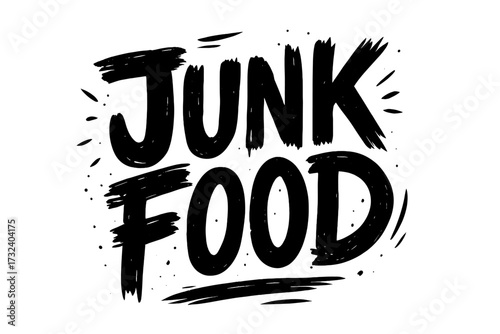 Junk food hand written lettering sign. Rough grungy vector logo template. Black and white cartoon illustration. Unhealthy eating, fast food concept. Isolated on transparent background.