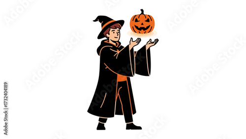 Halloween Wizard with Pumpkin: A young, robed figure, adorned with a pointed hat, levitates a carved pumpkin with an animated, glowing face. The image evokes the fun.
