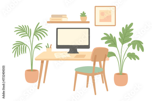 Cozy home office in Scandinavian style. Comfortable remote workspace interior with computer screen mockup, desk, and chair. Lagom and hygge concept with houseplants. Flat vector.