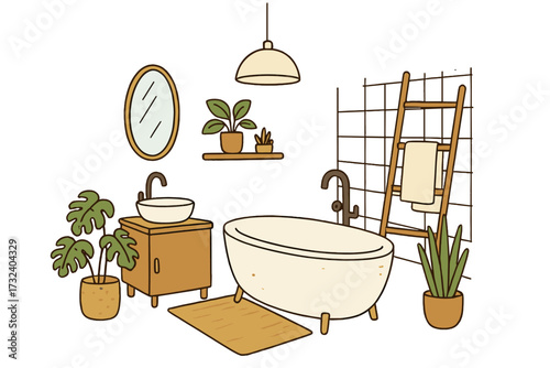 Scandinavian style bathroom interior. Cozy Nordic design with modern furniture and home plants. Hand drawn vector illustration of a hygge-style bath with bathtub and plants.