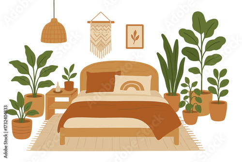 Cozy boho bedroom interior with a bed and many potted houseplants. Scandinavian hygge style room for millennial lifestyle. Biophilic home decor vector flat illustration concept.