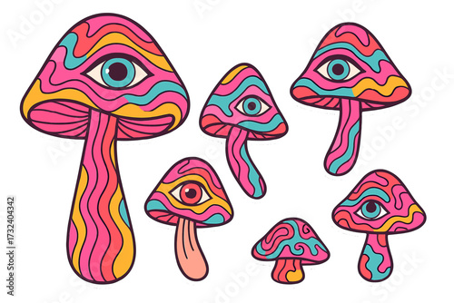 Psychedelic magic mushrooms with eyes sticker pack. Trippy 60s groovy art. Fungi hallucination concept. Visionary spiritual experience vector icon set isolated on white.