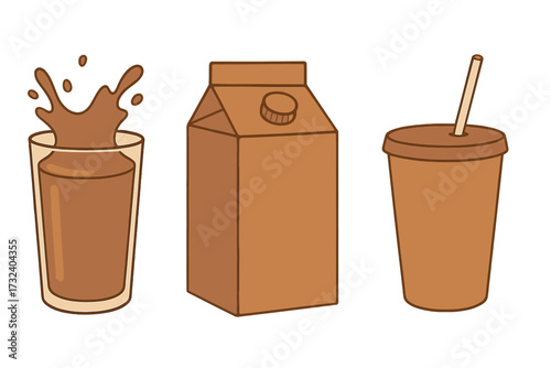Chocolate milk vector set. Choco milky splash in glass, drink in cardboard box container and cup with straw. Flat cartoon hand drawn illustration of dairy cocoa beverage.
