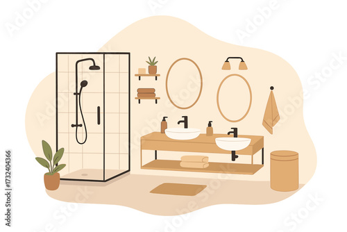 Modern bathroom interior in scandi style. Flat vector illustration with shower cabin, double vanity with two sinks, mirrors, and plants. Home decor and furniture isolated concept.