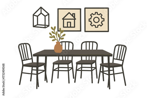 Modern dining room furniture set in a Scandinavian style. Interior design concept with metal table and chairs, vase with plant, and trendy home decor wall art pictures.