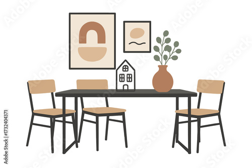 Modern dining room furniture. Metal house decor, decoration. Iron table with chairs, vase and pictures. Scandinavian trendy style. Simple interior design trend. Flat vector.