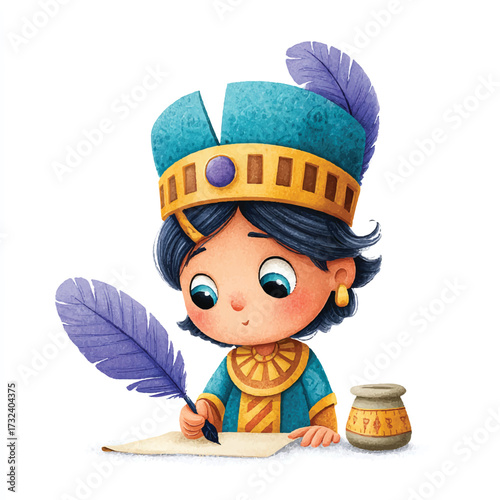 Cute Cartoon Character Writing with Quill and Ink.