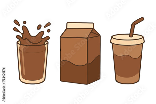 Chocolate milk vector set. Choco milky splash in glass, drink in cardboard box and cup with straw. Flat hand drawn illustration. Cacao beverage collection icons isolated.