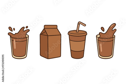 Chocolate milk vector set. Hand drawn illustration of choco splash in glass, cocoa drink in carton box and takeaway cup with straw. Flat design for menu, icon or sticker.