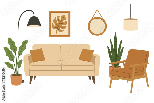 Scandinavian living room furniture set. Cozy interior design elements with sofa, armchair, lamp, plants, and wall decor. Mid-Century Modern hygge home concept. Flat vector.
