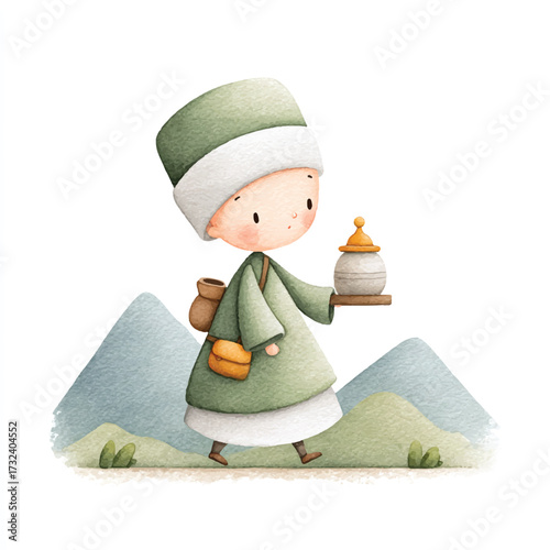 Cute cartoon child in winter clothing holding a candle.