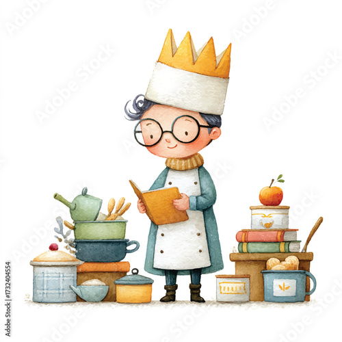 Cute cartoon chef kid reading recipe book surrounded by cooking ingredients and utensils.