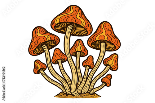 Psilocybin hallucinogenic magic mushrooms in groovy retro 70s style. Hand drawn psychedelic vector illustration. Trippy hippie art design element for tee print.