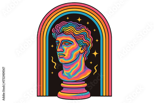 Psychedelic surreal concept with colorful greek bust. Ancient sculpture with arch and stars. Linear trippy vector illustration in trendy psychedelic style. Groovy vaporwave art.