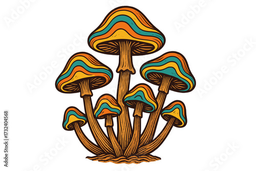 Psychedelic psilocybin mushrooms in groovy 70s style. Hand drawn vector illustration of hallucinogenic magic mushrooms. Colorful retro hippie art for tee print design.