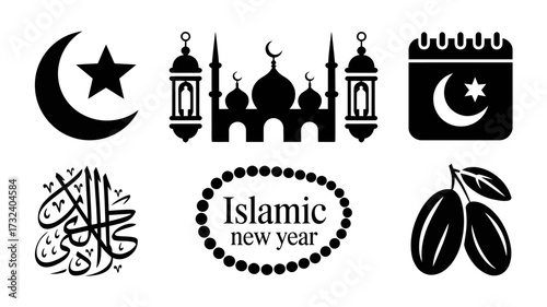 Collection of islamic symbols and ramadan icons in scalable vector illustration format silhouette white background