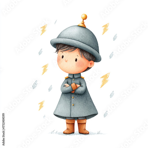Cute cartoon child wearing a raincoat and hat standing in the rain.