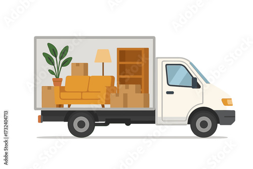 Moving truck with furniture vector illustration. Relocation service concept with delivery van carrying sofa, boxes, plant. House or apartment moving day. Transportation logistics.