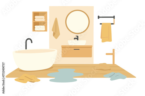 Untidy bathroom in Scandinavian style. Messy room interior with scattered towels and a water puddle. Concept of household chores, cleaning, clutter, disorder, or a water leak.