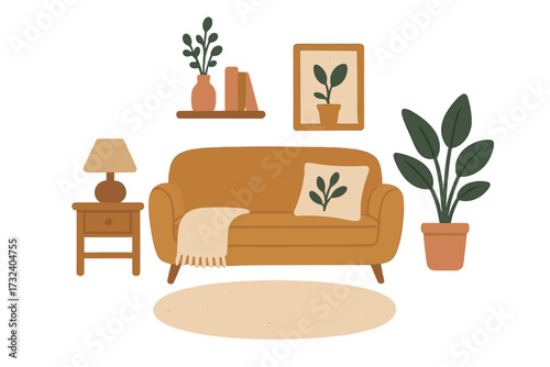 Scandinavian interior with cozy furniture for hygge home decor. Vector flat illustration of a modern living room with sofa, plant, and decor. Trendy scandi relax concept.