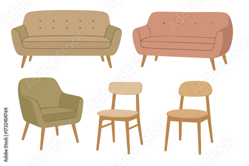 Scandinavian style furniture set. Cushioned mid-century modern sofa, couch, armchair and chair collection. Vector illustration for cozy living room interior design. Isolated retro home decor.