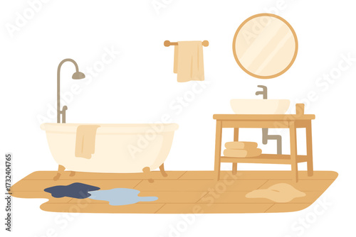 Messy bathroom interior in Scandinavian style. Untidy room with scattered towels and water puddle on the floor. Home clutter and uncleaned hygiene concept. Flat vector design.