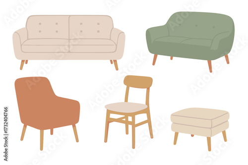 Scandinavian style furniture set. Cushioned sofa, couch, armchair, chair, and ottoman for a cozy living room. Modern mid-century interior design elements. Flat vector illustration.