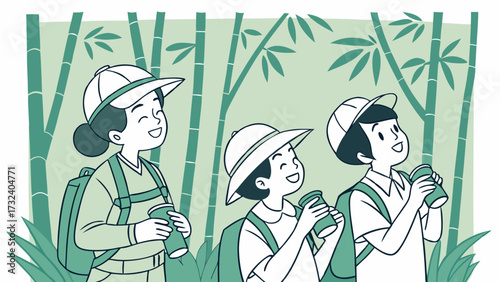 Childrens explorers hiking in tropical forest