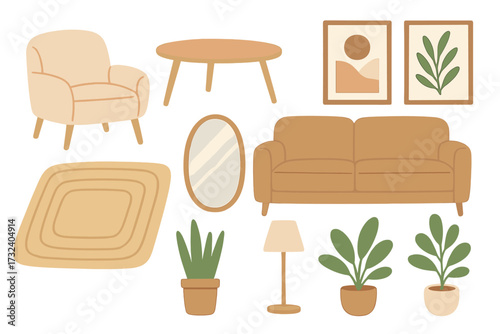 Set of modern Scandi interior design elements. Cozy living room furniture collection. Armchair, sofa, table, carpet, mirror, lamp, plants. Trendy hygge home decor vector.