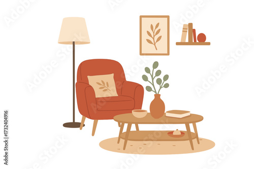 Scandinavian living room interior with cozy home furniture. Modern comfy apartment furnished in Hygge style. Armchair, coffee table, lamp, home decorations vector illustration.