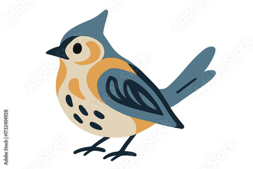 Cute Tufted Titmouse bird vector illustration. Stylized cartoon wildlife graphic. Isolated avian character for nature design. Flat art style for kids or branding.