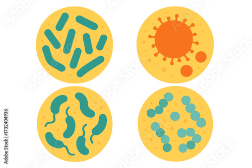 Good bacteria and virus icon set. Probiotics, germs, and microorganisms for gut health. Human microbiome flat vector illustration. Science and microbiology concept design.