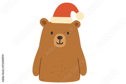 Cute Christmas bear in Santa hat. Simple modern hand drawn minimalist holiday animal character. Flat childish vector illustration for greeting card, invitation or poster design.