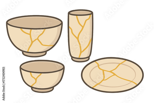 Kintsugi vector set. Japanese art of repairing broken pottery with gold. Concept of wabi-sabi, restoration, and beauty in imperfection. Restored ceramic tableware icons.